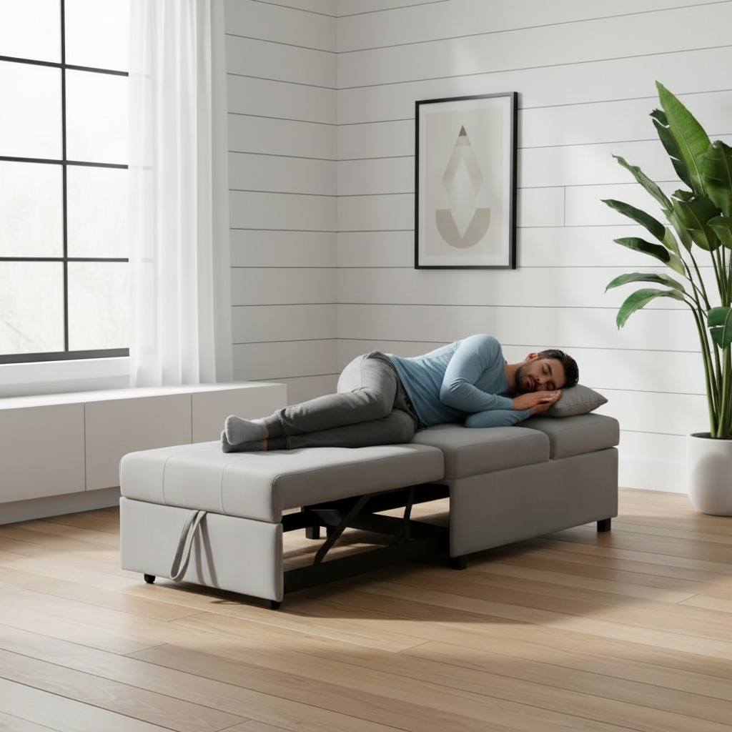 Man sleeping on gray ottoman sleeper chair in coastal Nordic minimalist setting
