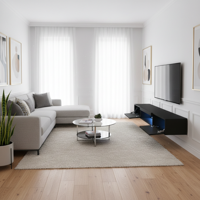 Matte Black TV Stand Open Doors - Layout 4