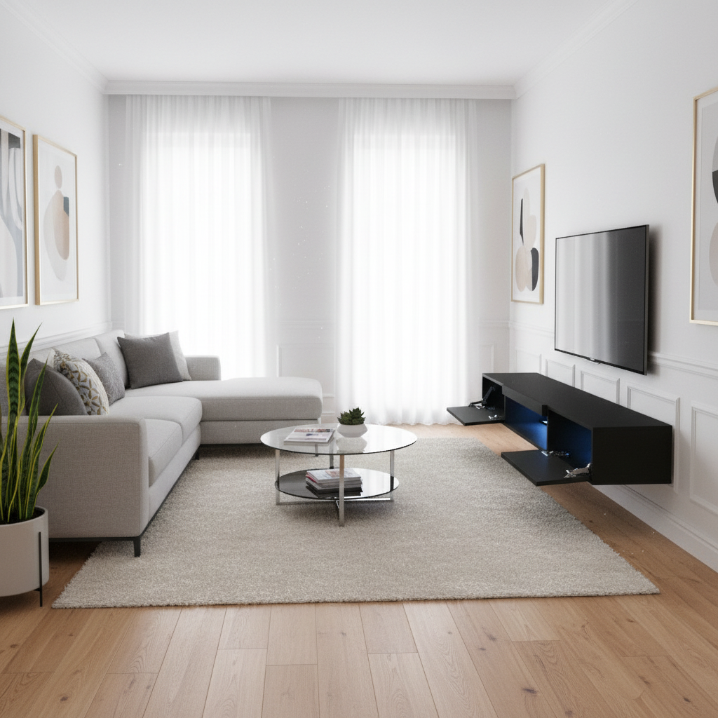 Matte Black TV Stand Open Doors - Layout 4