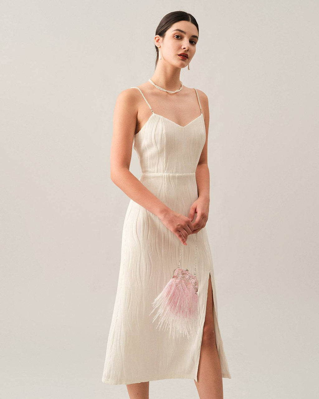 Dear Pearl Strap Wave Textured Midi Dress