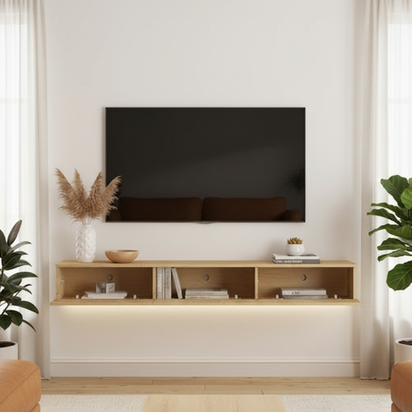 Natural Wood TV Stand with Open Compartments