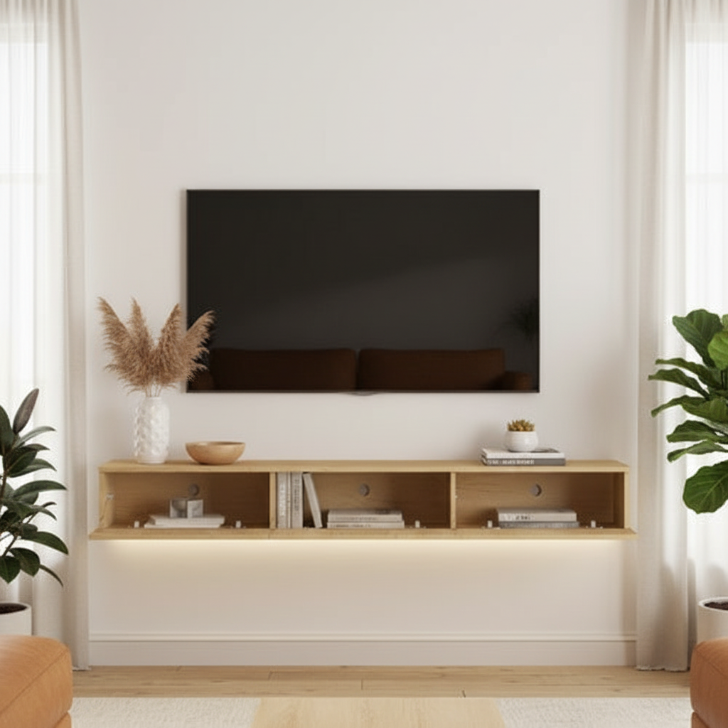 Natural Wood TV Stand with Open Compartments