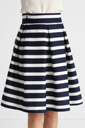 Navy Striped Pleated Midi Skirt