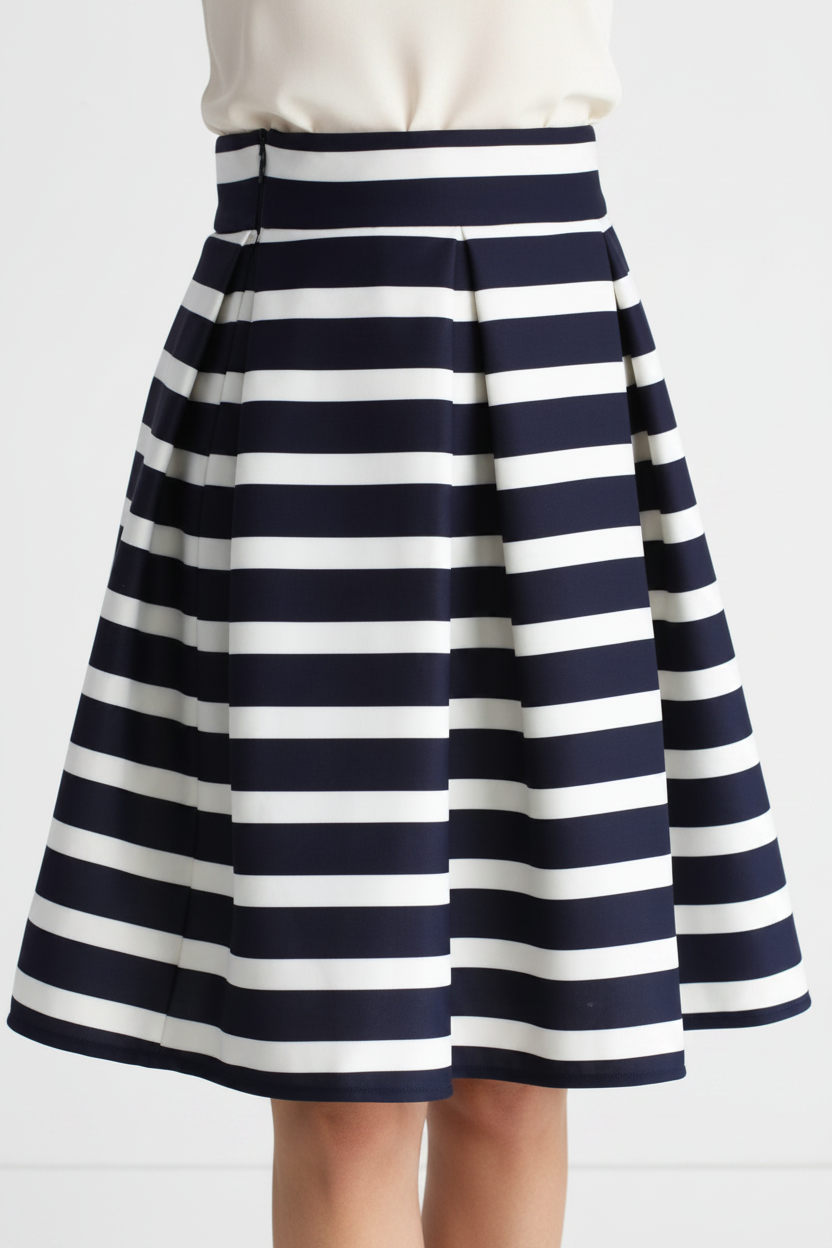 Navy Striped Pleated Midi Skirt