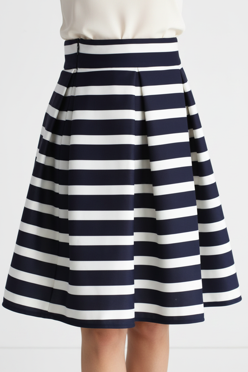 Navy Striped Pleated Midi Skirt