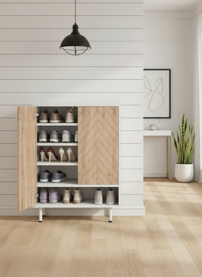 Open Cabinet with 4 Pairs Per Shelf