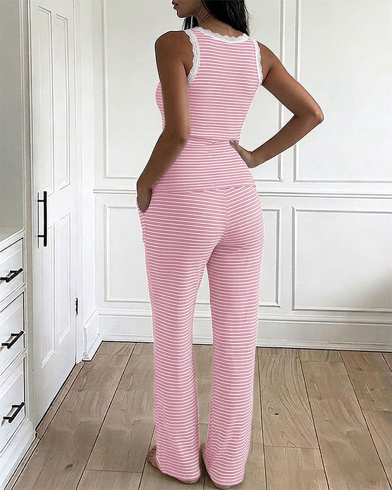 Cozy Stripe Rib Knit Sleepwear Set With Pockets