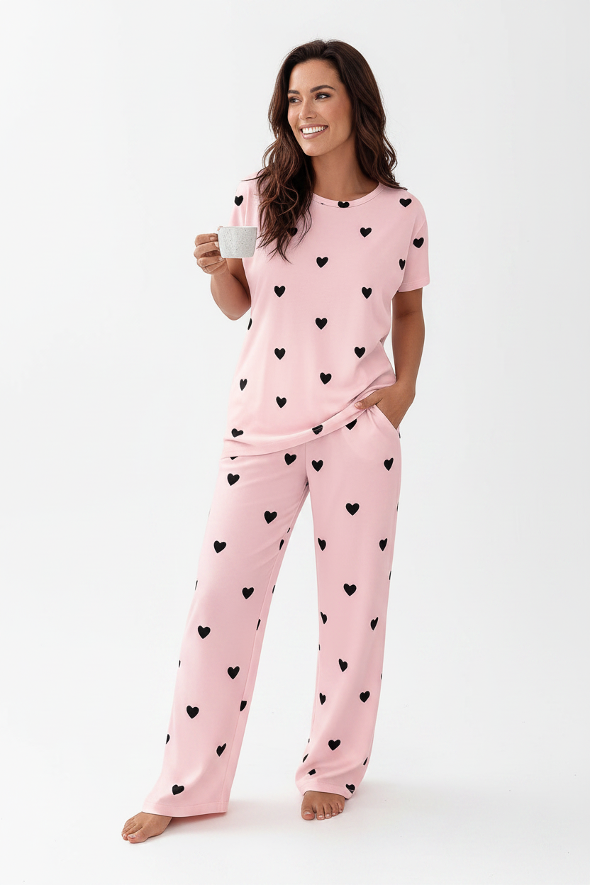 Pink Heart Print Pajama Set Studio Shot