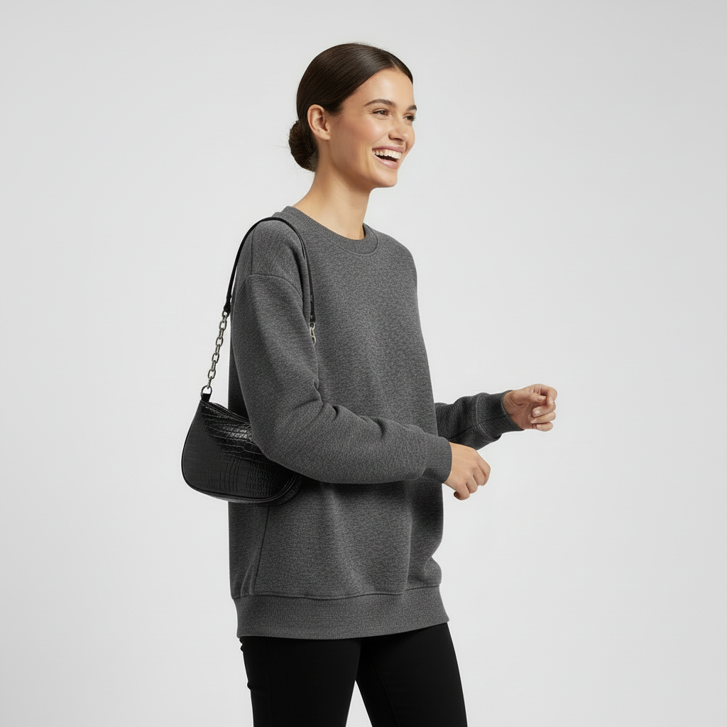 Playful sweatshirt upper-body lean pose