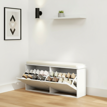 Ribbed cabinet open in minimalist entryway