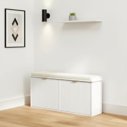 Ribbed shoe cabinet in minimalist entryway