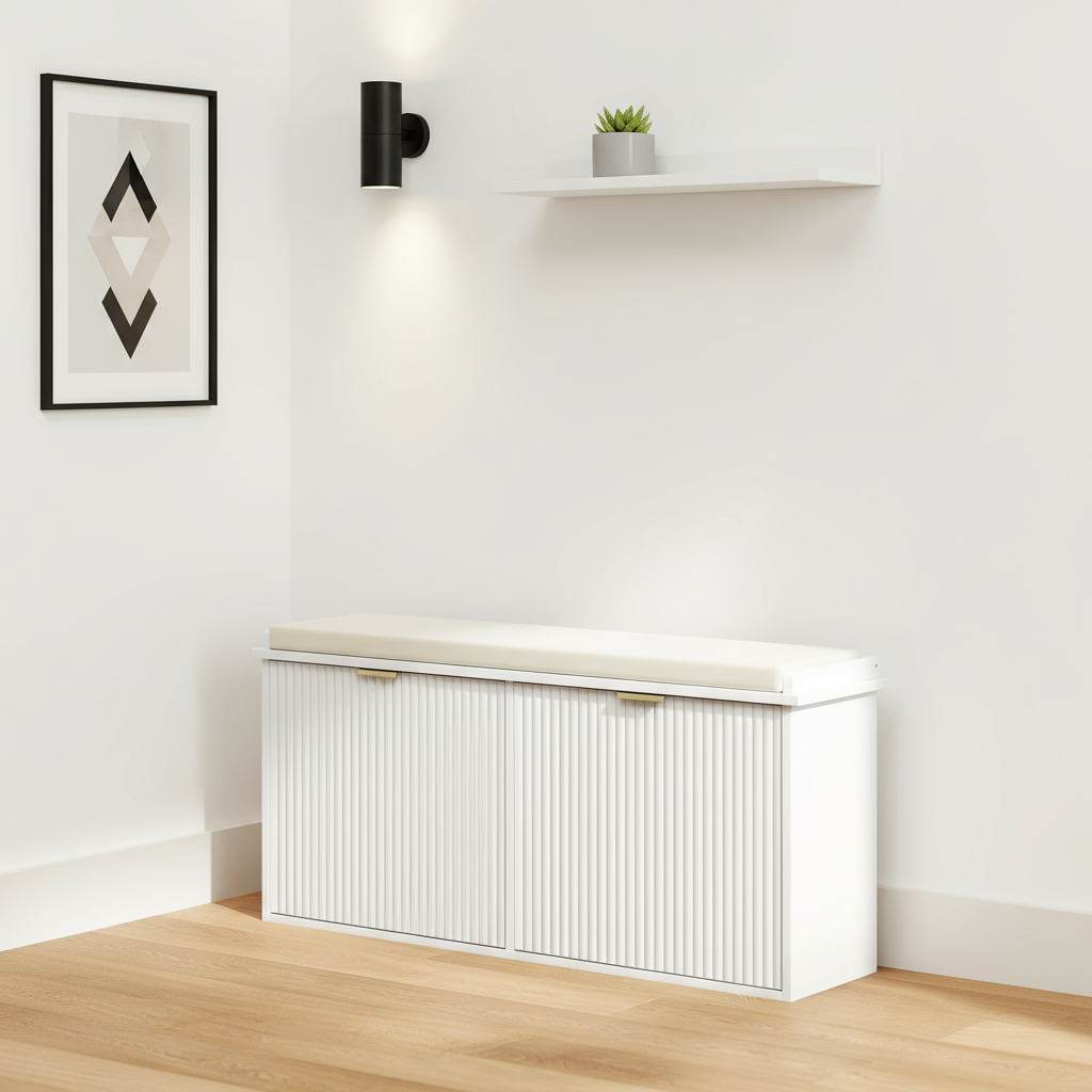 Ribbed shoe cabinet in minimalist entryway