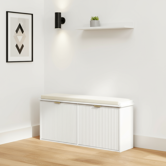 Ribbed shoe cabinet in minimalist entryway