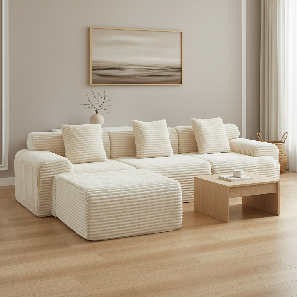 Scandinavian luxury living room with cream corduroy sofa - corner angle