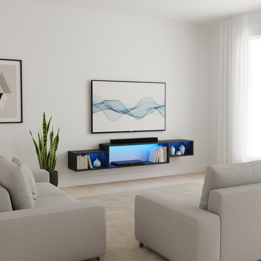 Scandinavian TV Stand with LED - Two Sofas Close-Up