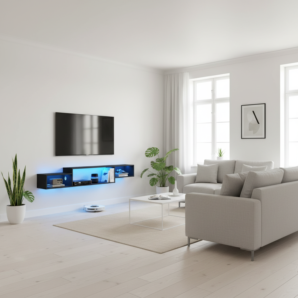 Scandinavian TV Stand with LED - Two Sofas Left Angle