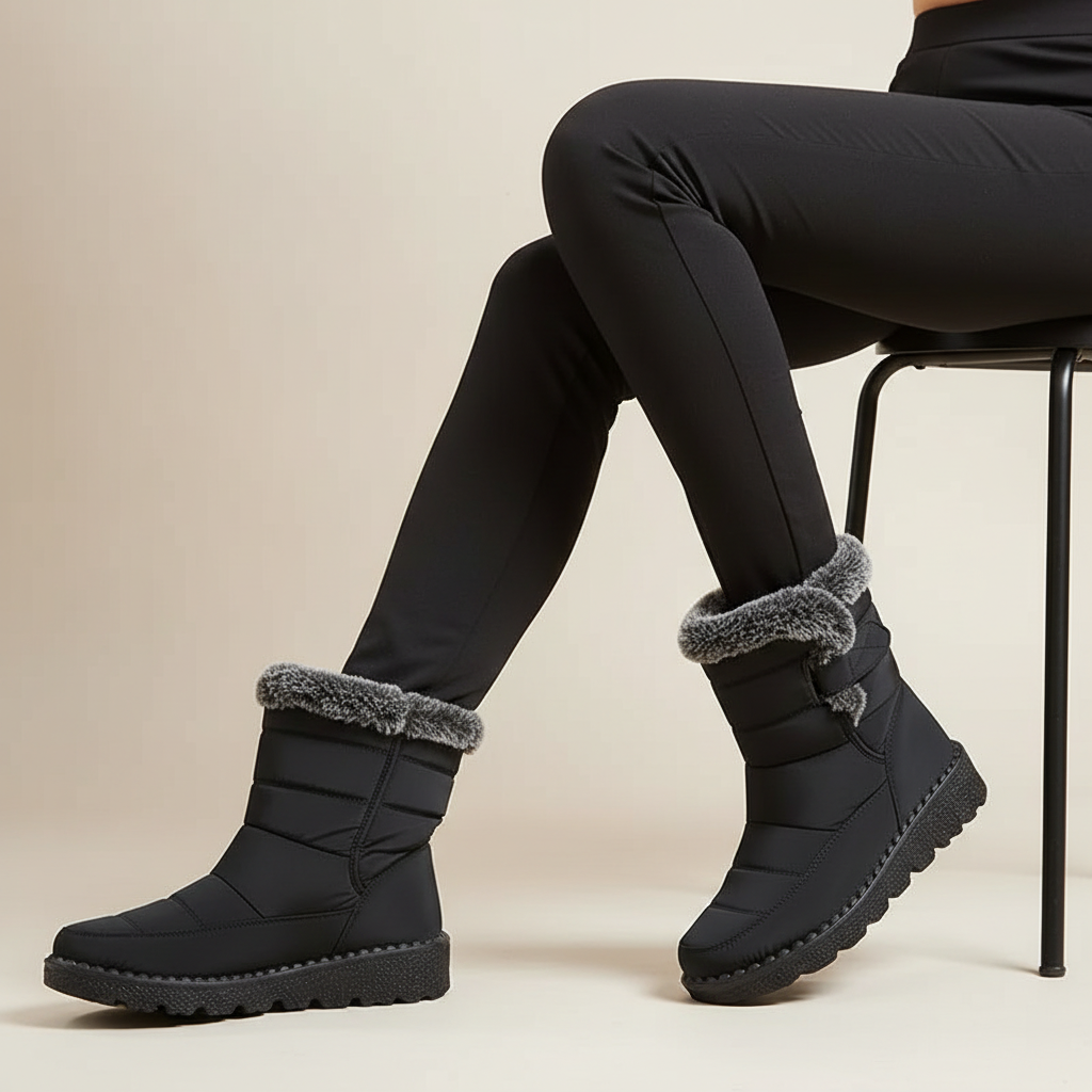 Seated winter boots pose one