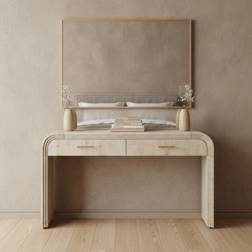 Table centered with mirror above, beige textured walls