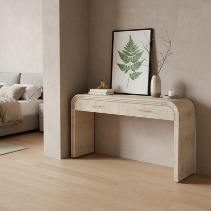 Table in corner placement, beige textured walls