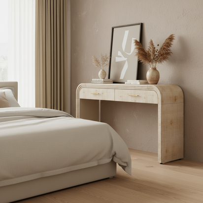 Table on right, bed on left, beige textured walls