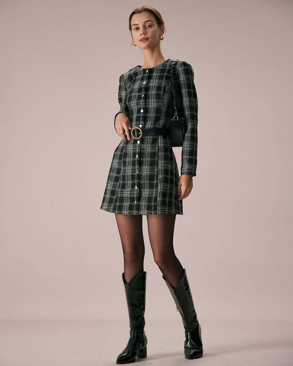 Midnight Plaid Crew Neck A-Line Mini Dress