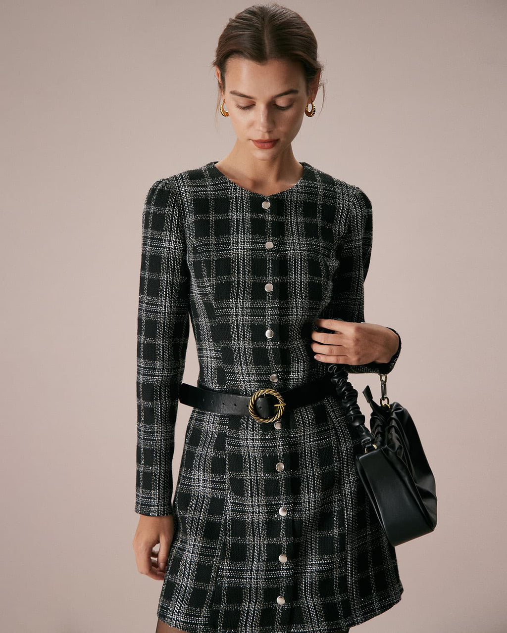 Midnight Plaid Crew Neck A-Line Mini Dress