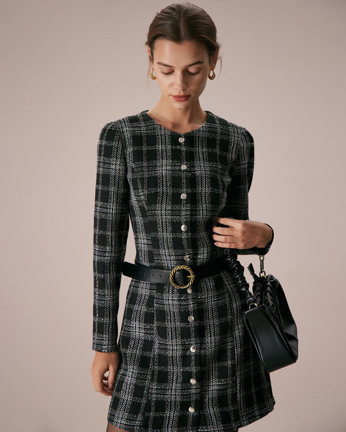 Midnight Plaid Crew Neck A-Line Mini Dress