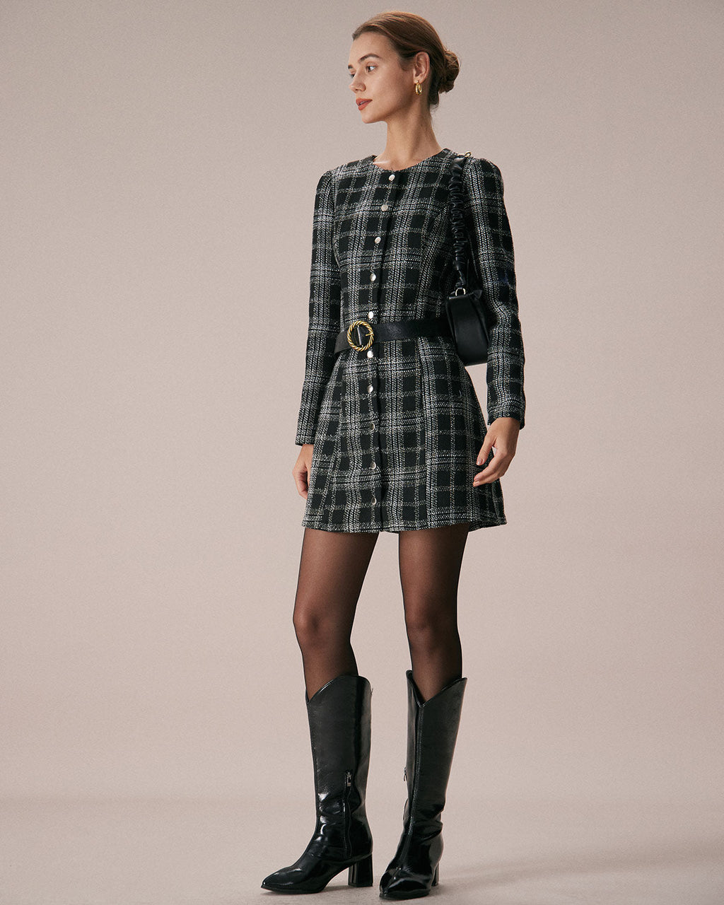 Midnight Plaid Crew Neck A-Line Mini Dress