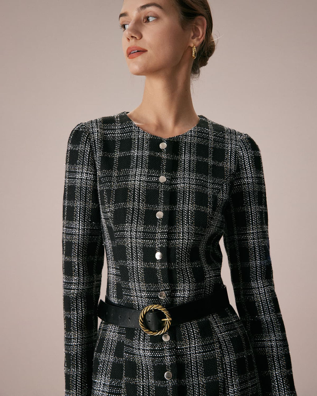 Midnight Plaid Crew Neck A-Line Mini Dress
