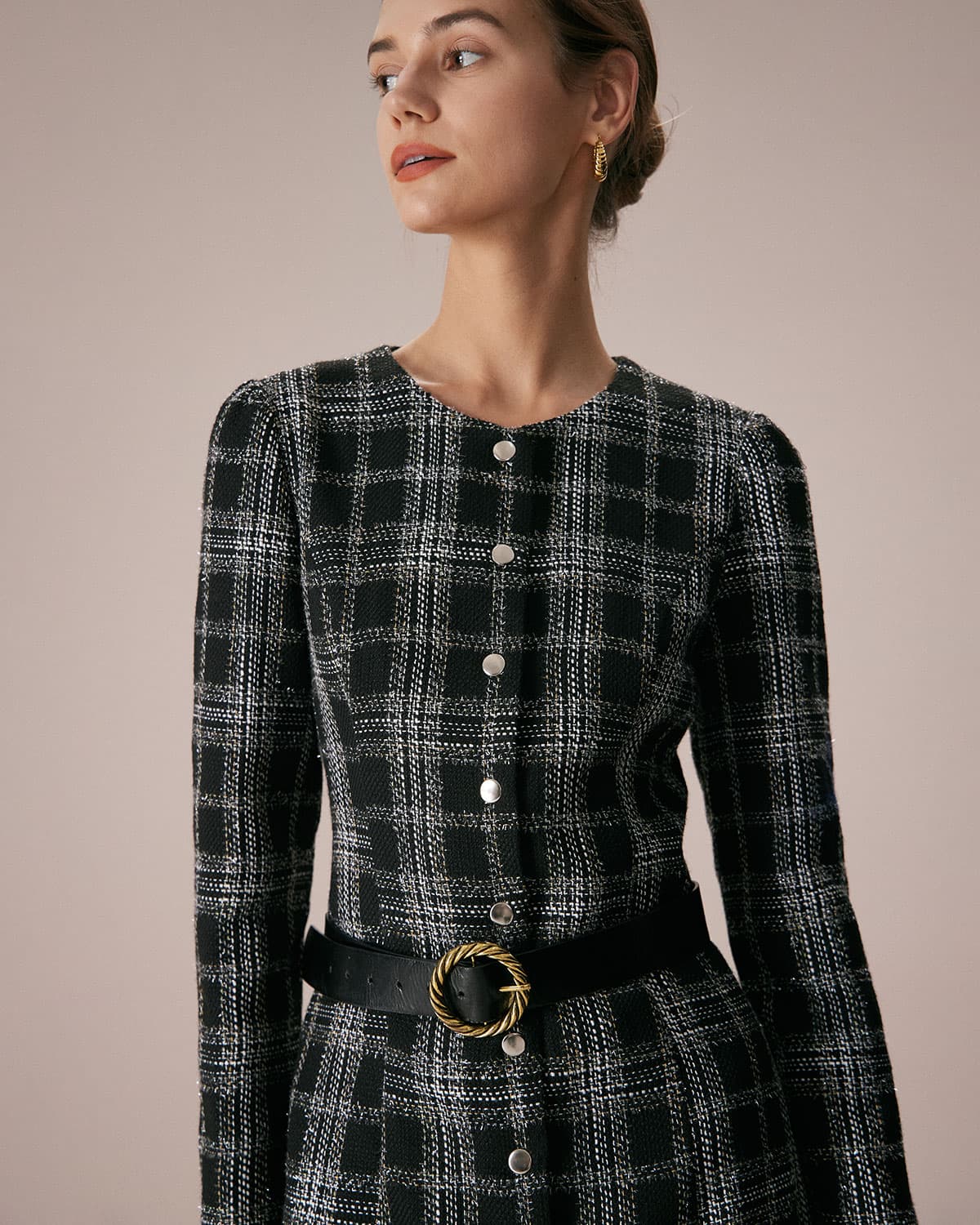 Midnight Plaid Crew Neck A-Line Mini Dress