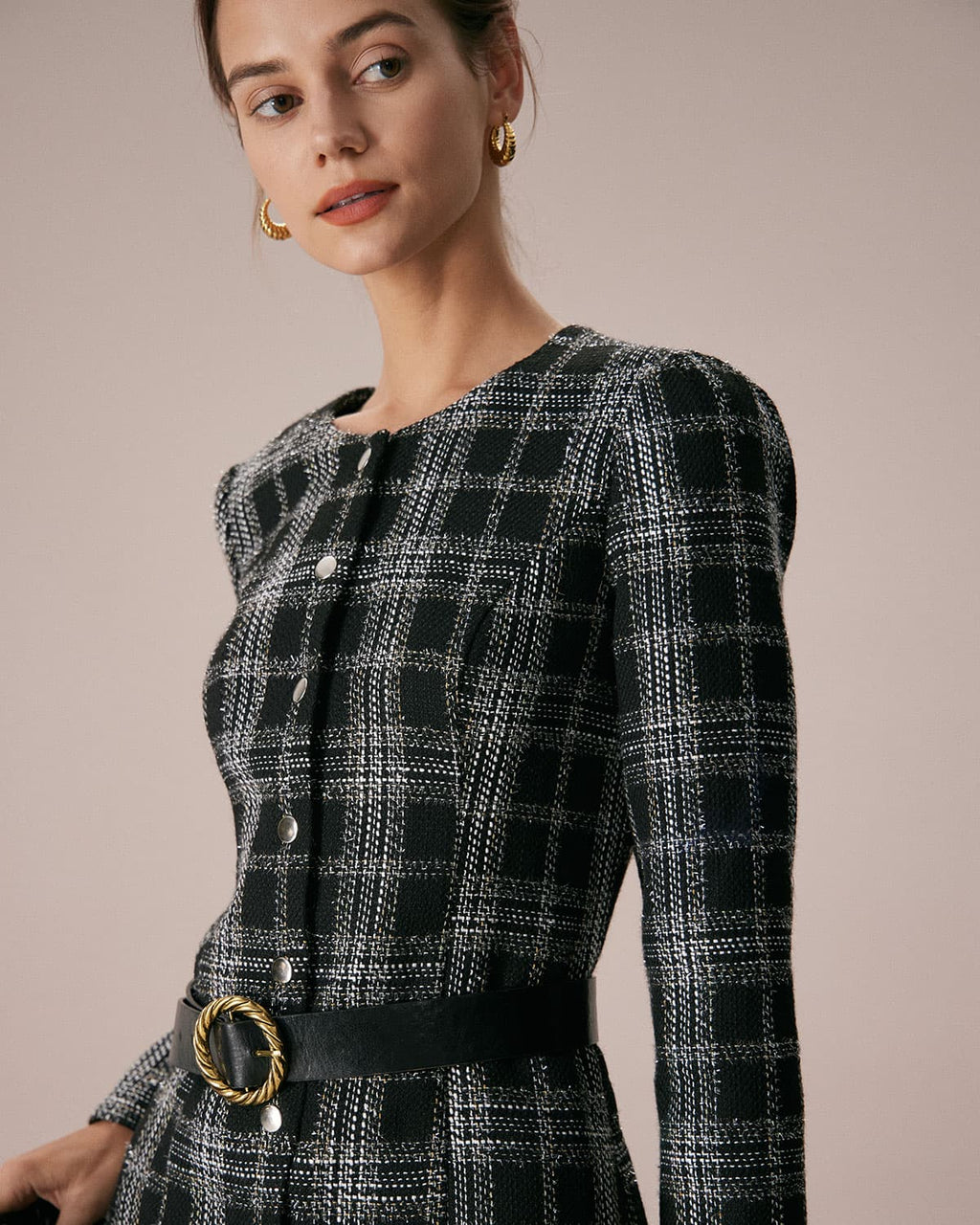 Midnight Plaid Crew Neck A-Line Mini Dress