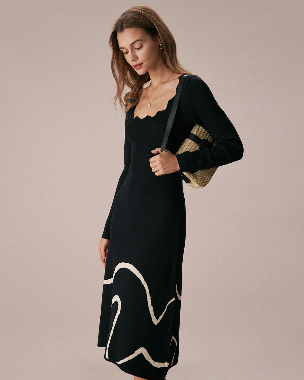 Noir Wave Scalloped Sweater Midi Dress