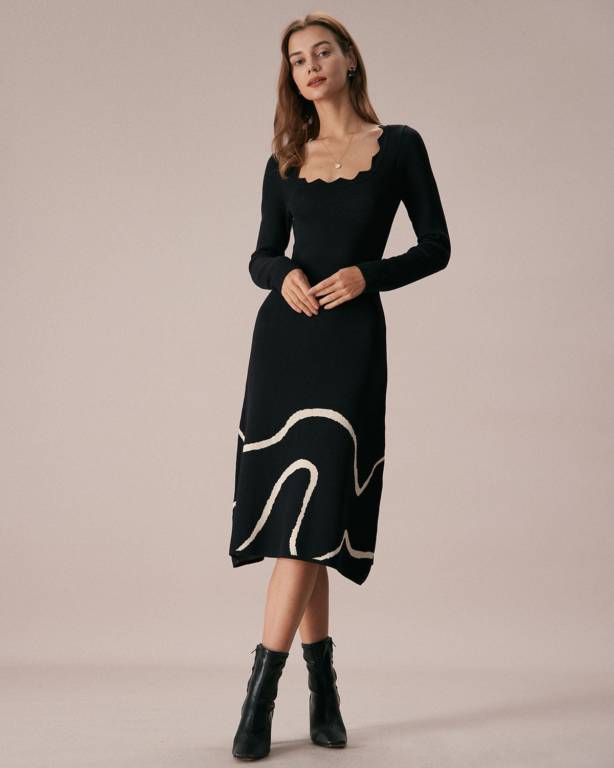 Noir Wave Scalloped Sweater Midi Dress