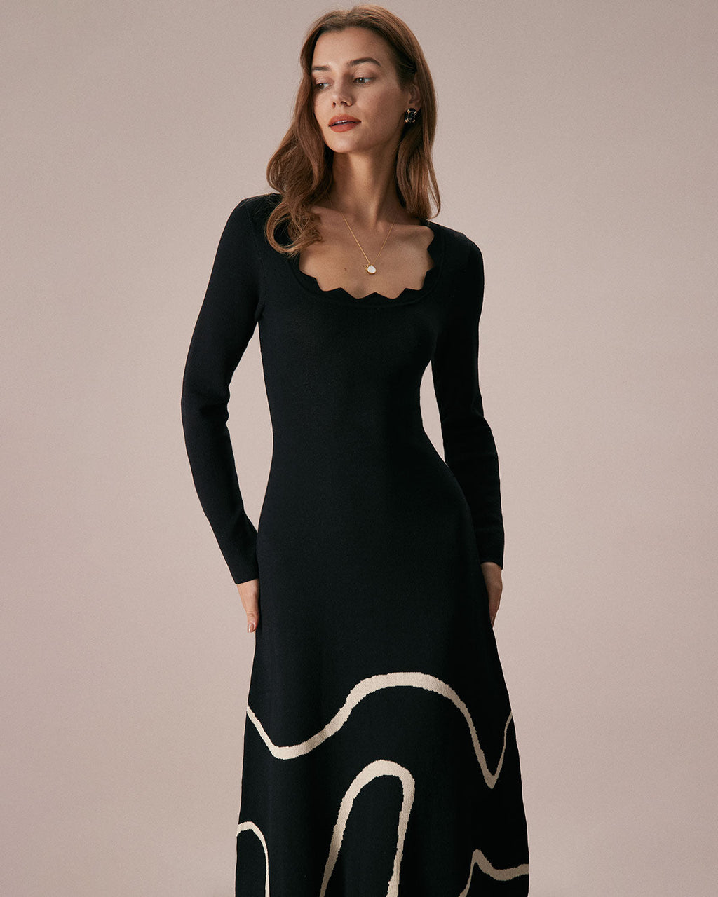 Noir Wave Scalloped Sweater Midi Dress
