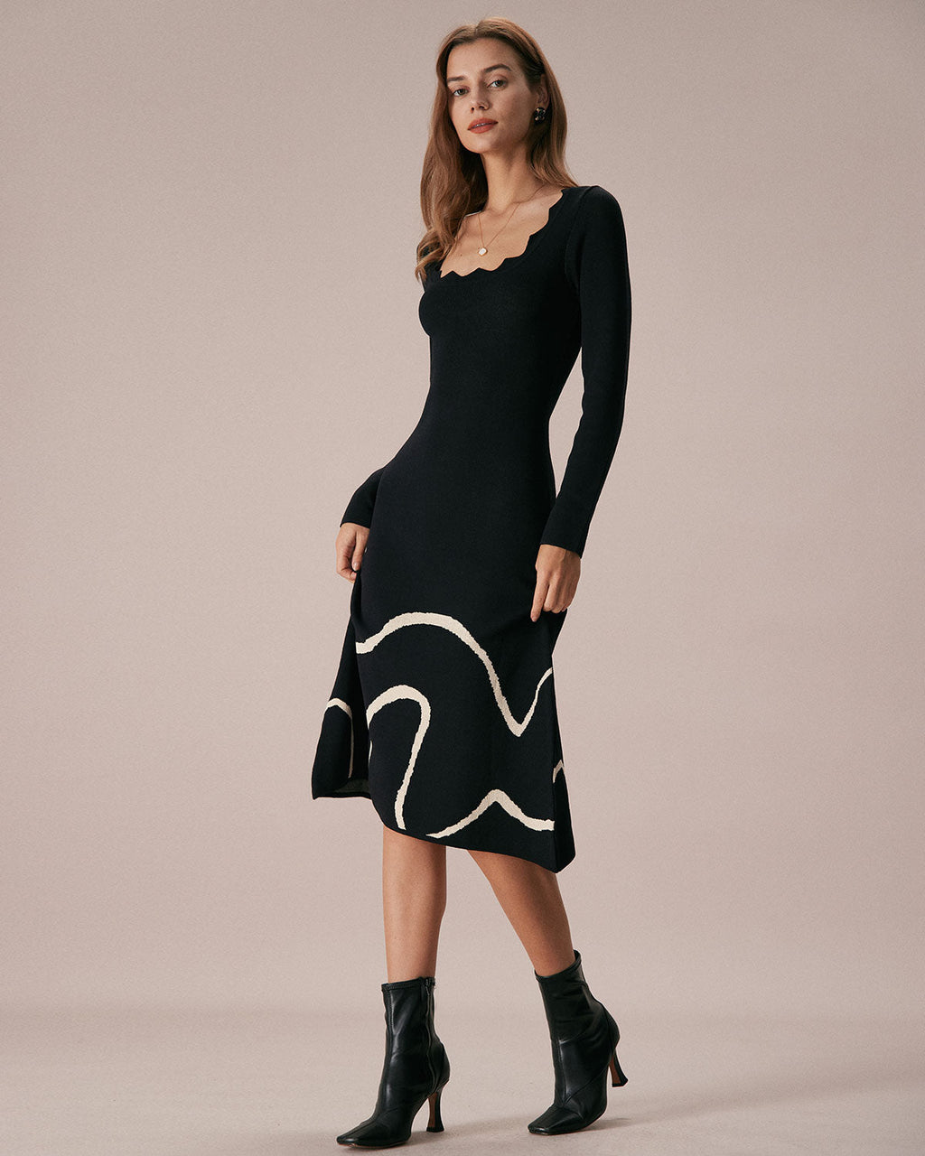 Noir Wave Scalloped Sweater Midi Dress