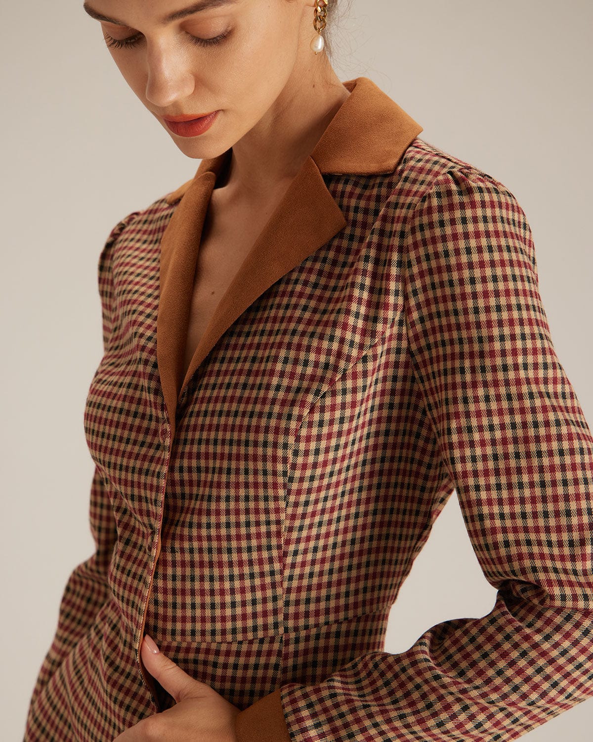 Autumn Plaid Spliced Suede Mini Dress