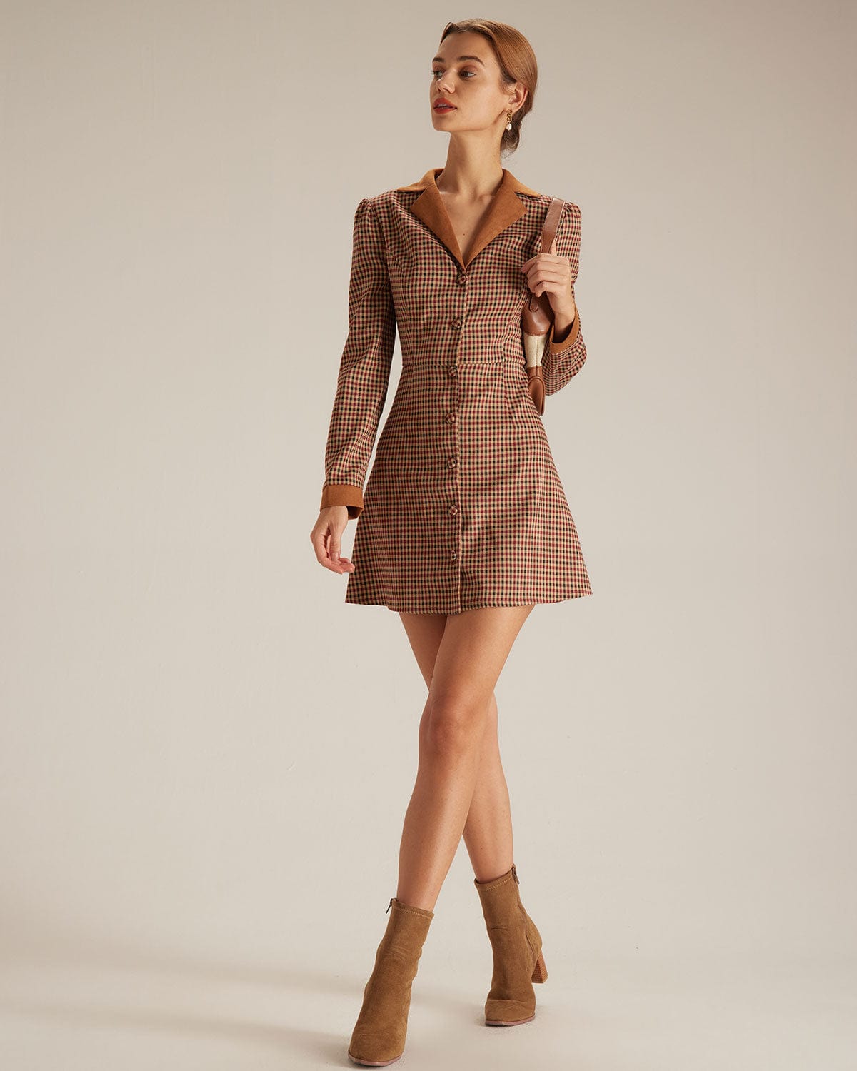 Autumn Plaid Spliced Suede Mini Dress