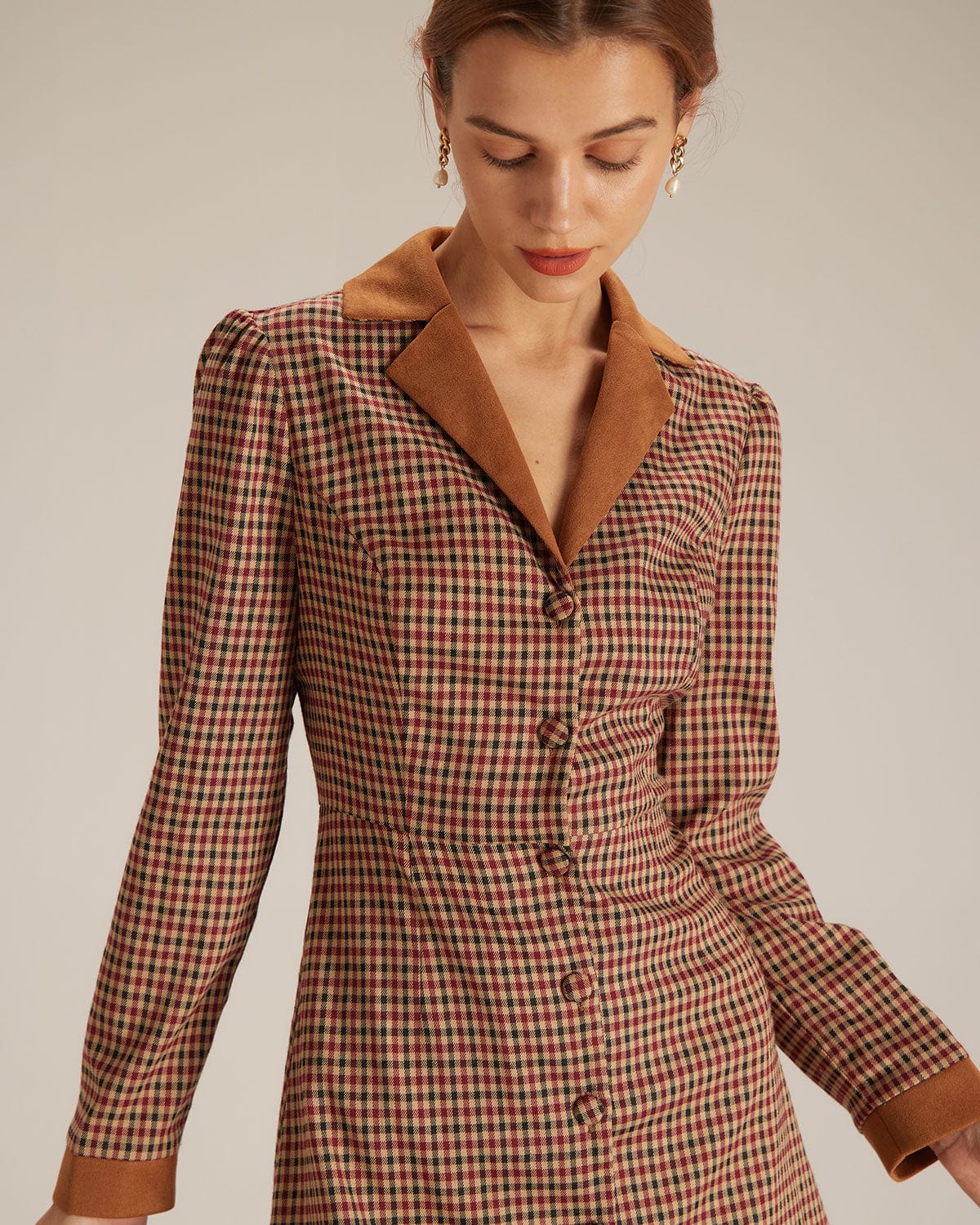 Autumn Plaid Spliced Suede Mini Dress