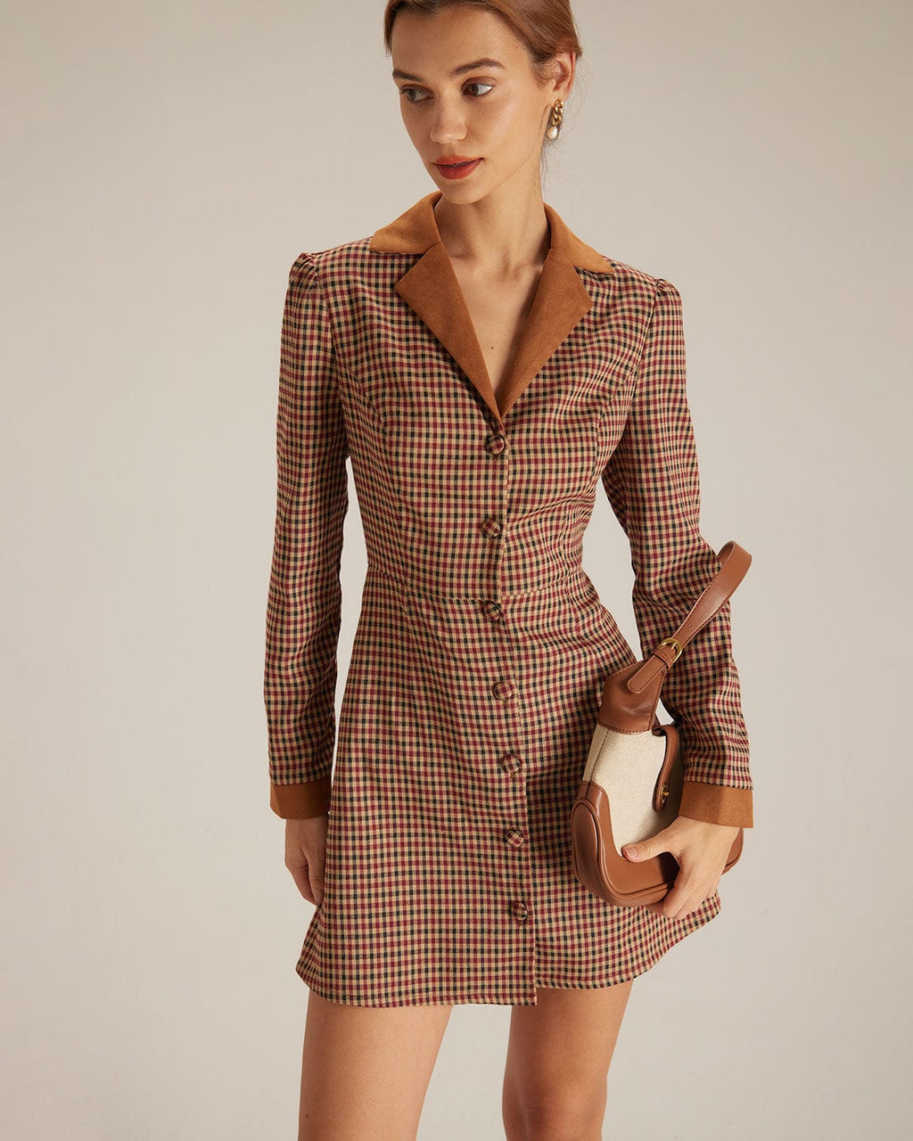 Autumn Plaid Spliced Suede Mini Dress