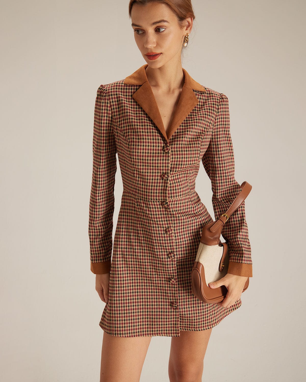 Autumn Plaid Spliced Suede Mini Dress