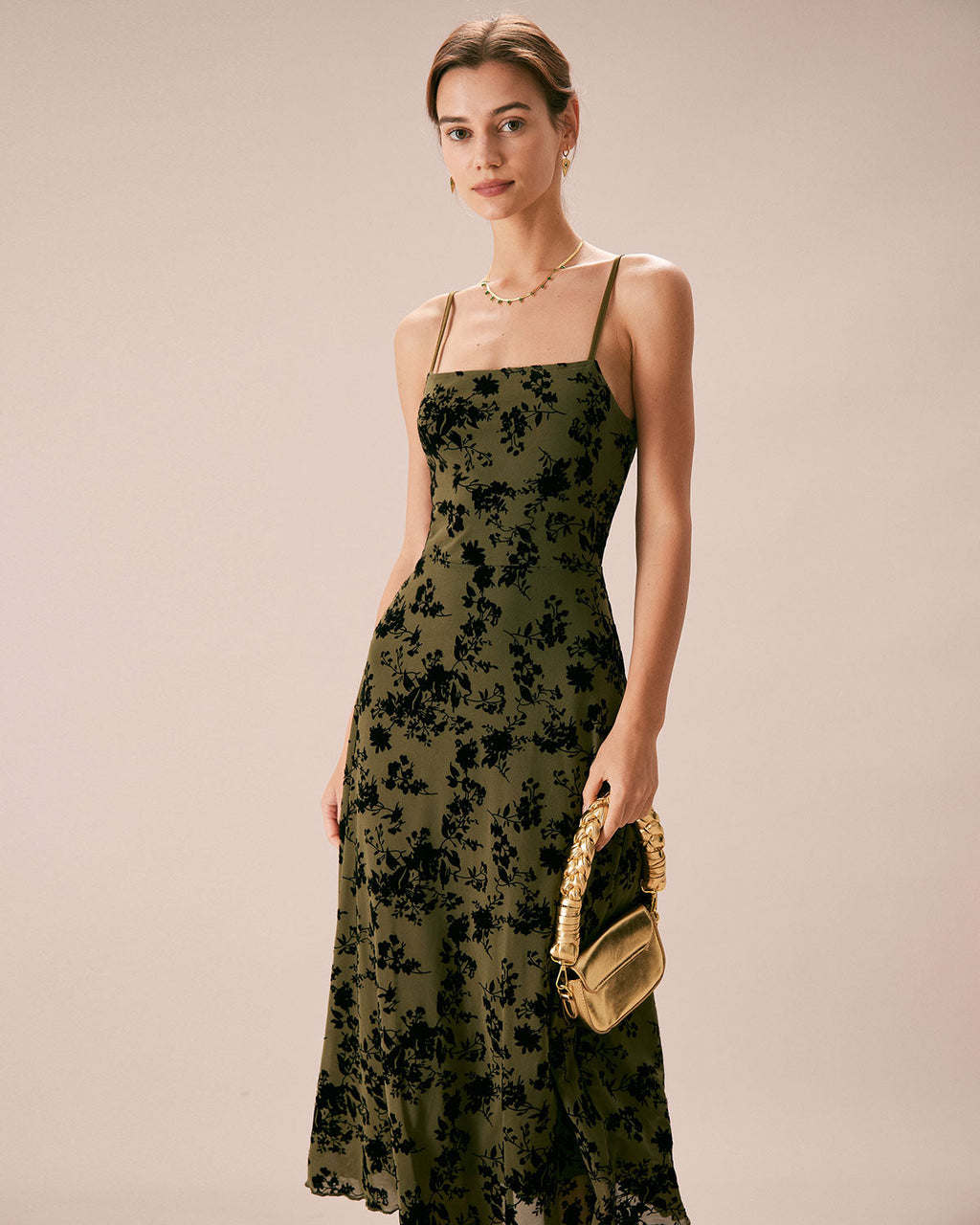 Fern Floral Classy A-Line Slip Midi Dress