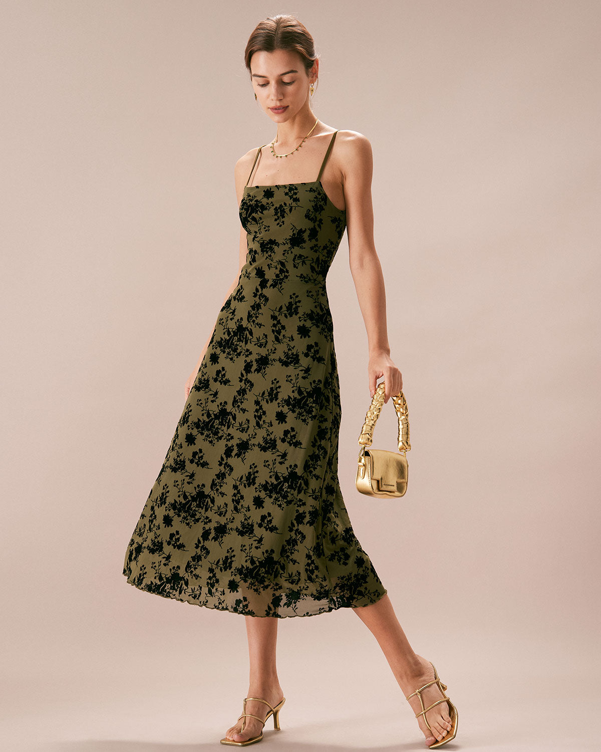 Fern Floral Classy A-Line Slip Midi Dress