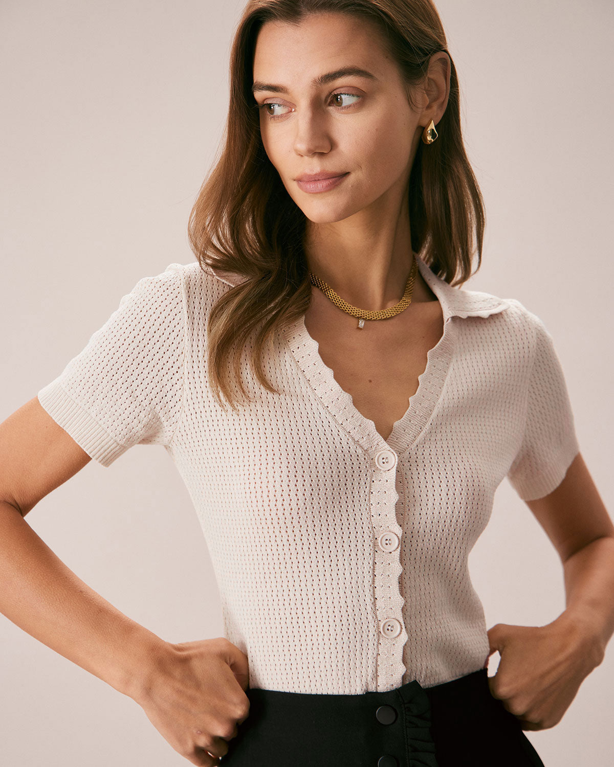 Beverly Style V Neck Button Knit Tee