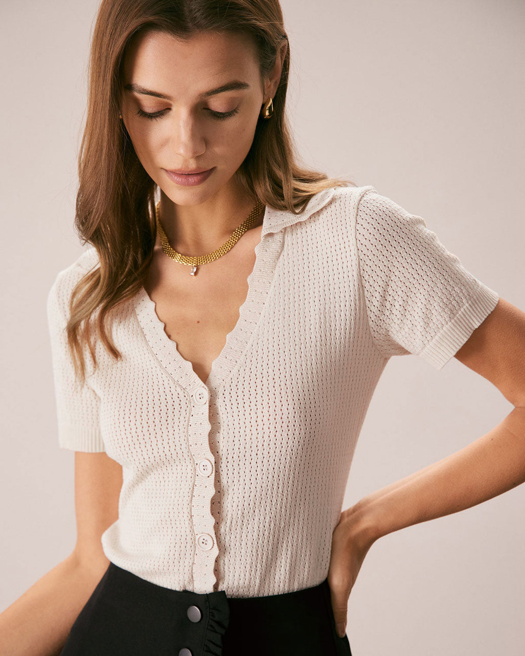 Beverly Style V Neck Button Knit Tee