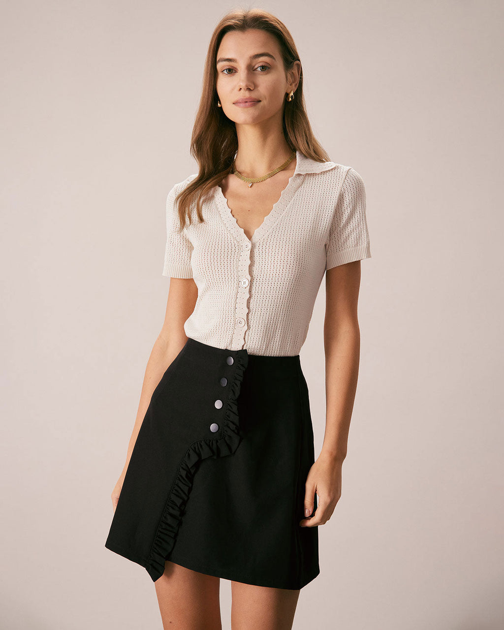 Beverly Style V Neck Button Knit Tee