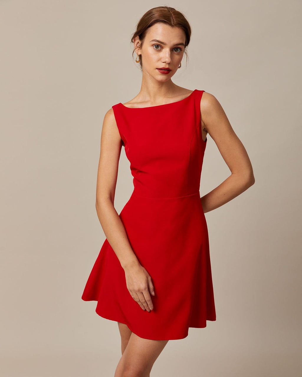 Scarlett Boat Neck High Waisted Mini Dress In Red
