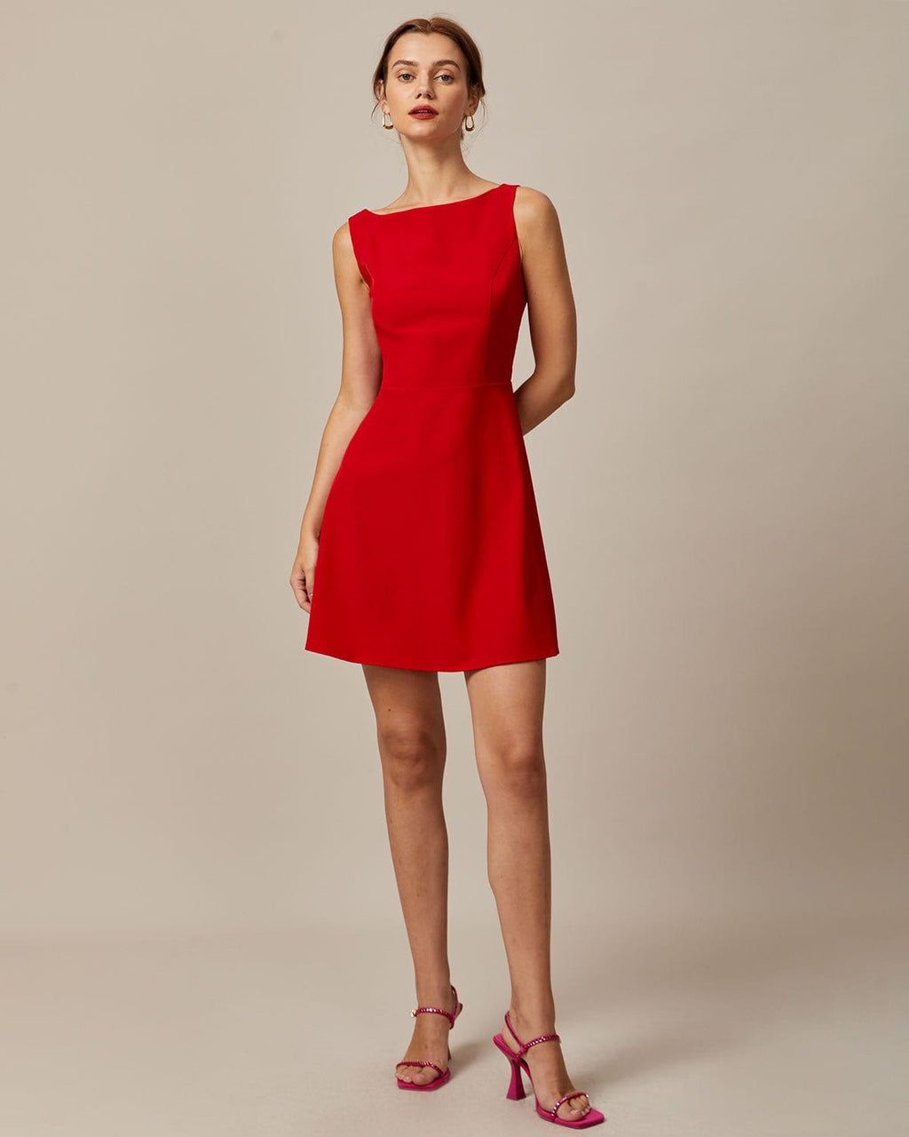 Scarlett Boat Neck High Waisted Mini Dress In Red