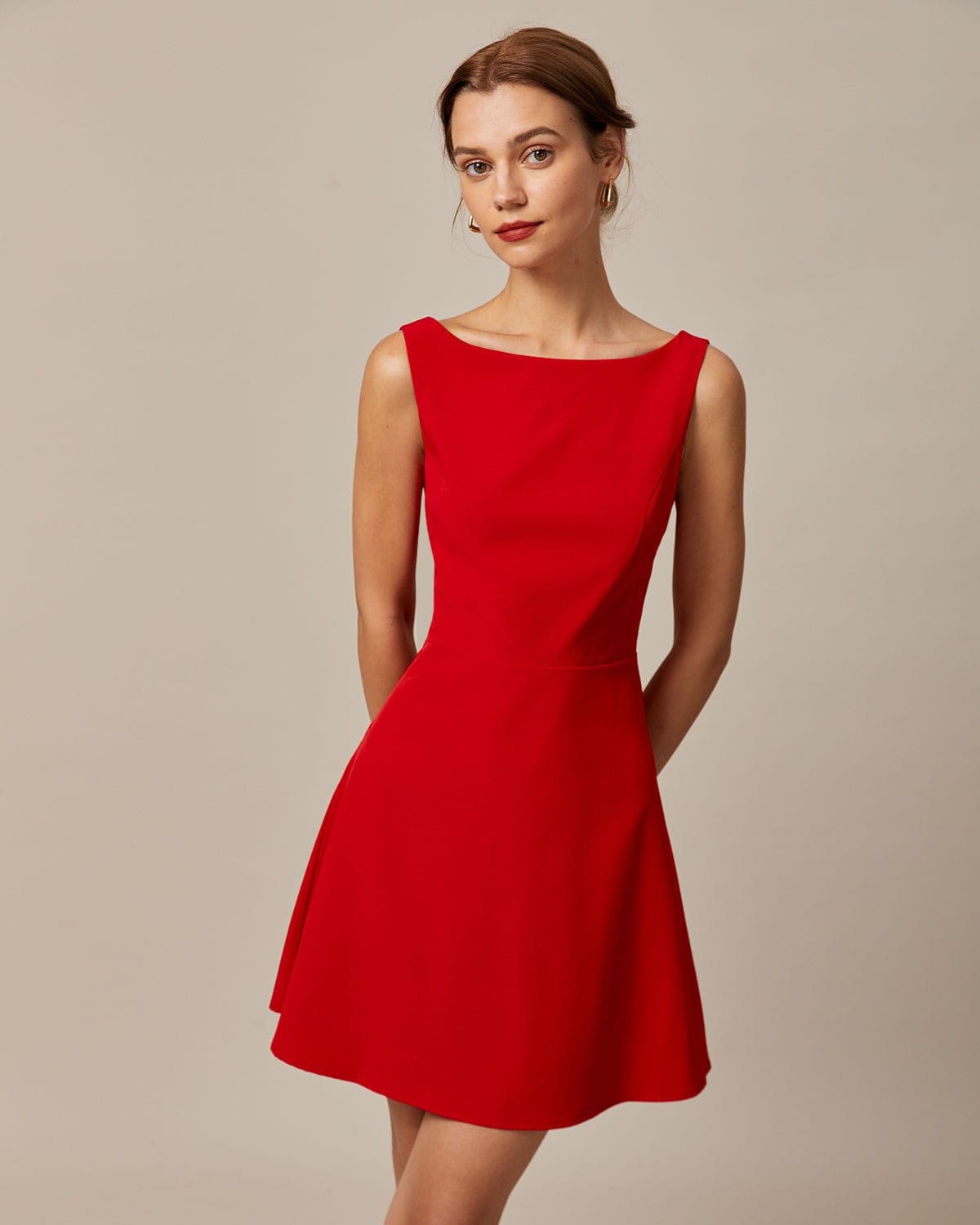 Scarlett Boat Neck High Waisted Mini Dress In Red