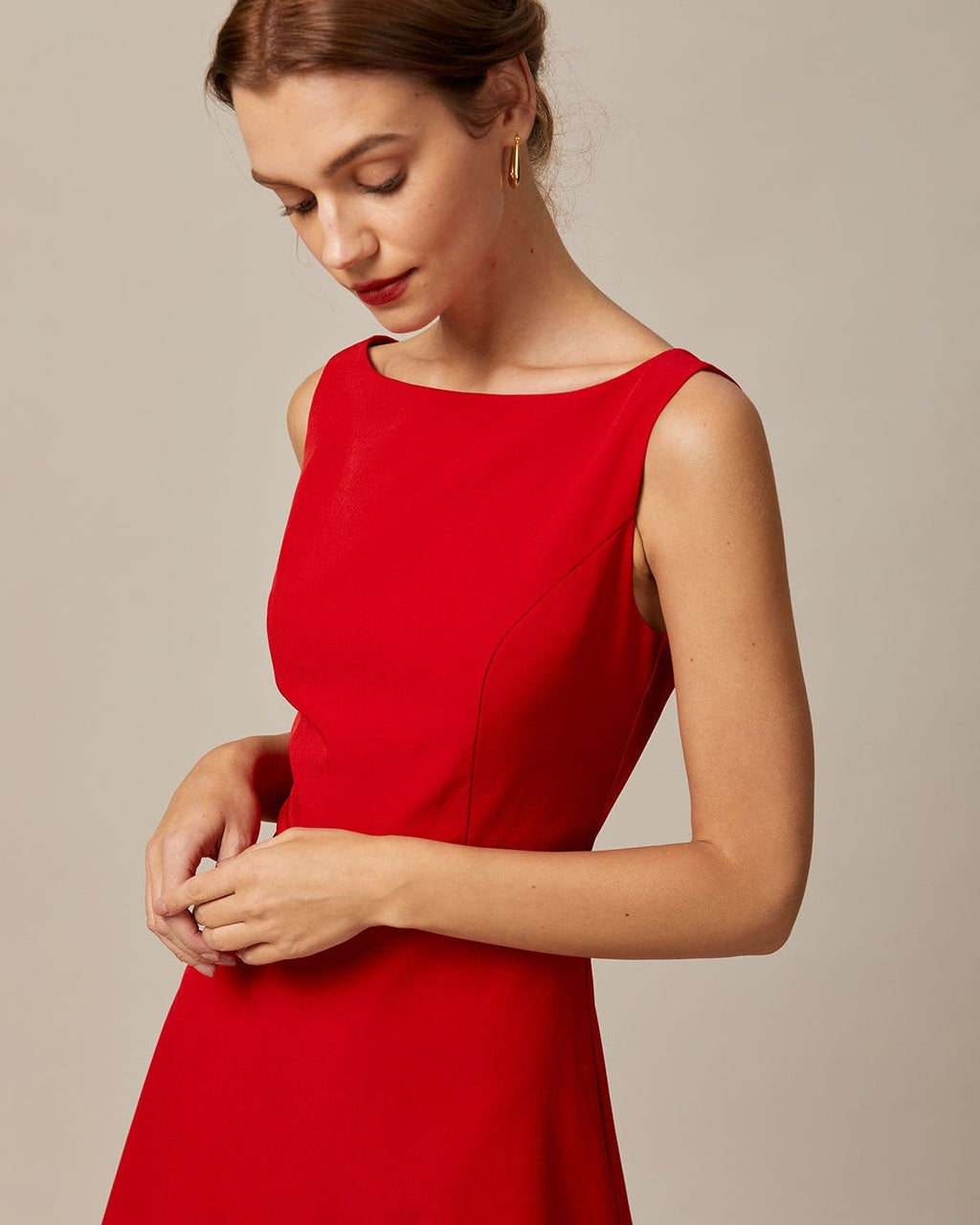 Scarlett Boat Neck High Waisted Mini Dress In Red
