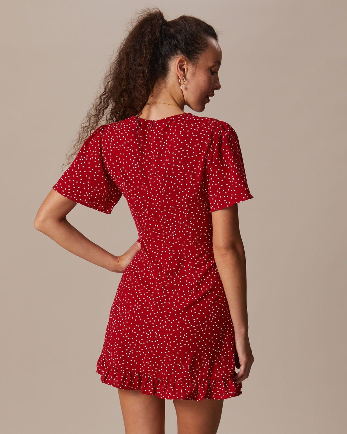 Ruby Red Polka Dot Flounce V-Neck Mini Dress